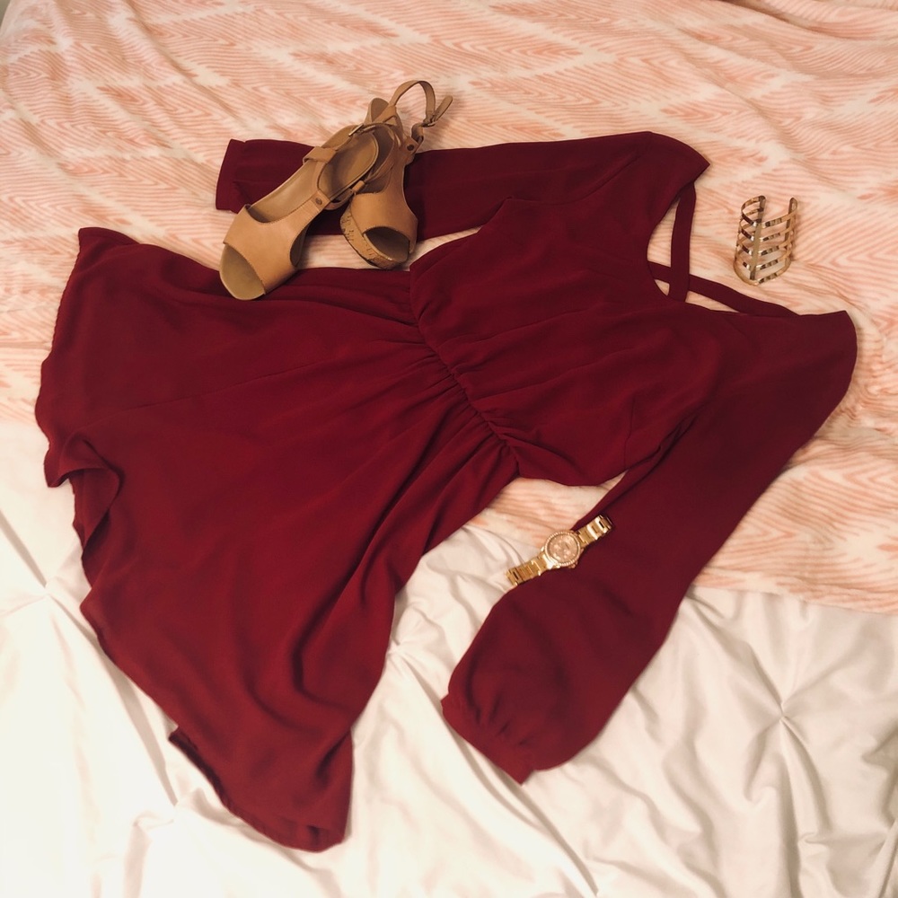 Francesca’s flowy red mini dress